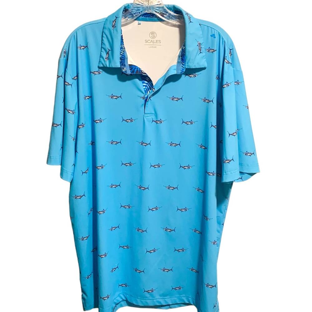 SCALES Size L Shirt Polo Short Sleeve Stretchy Comfy Golf Blue Fish Print Beachy